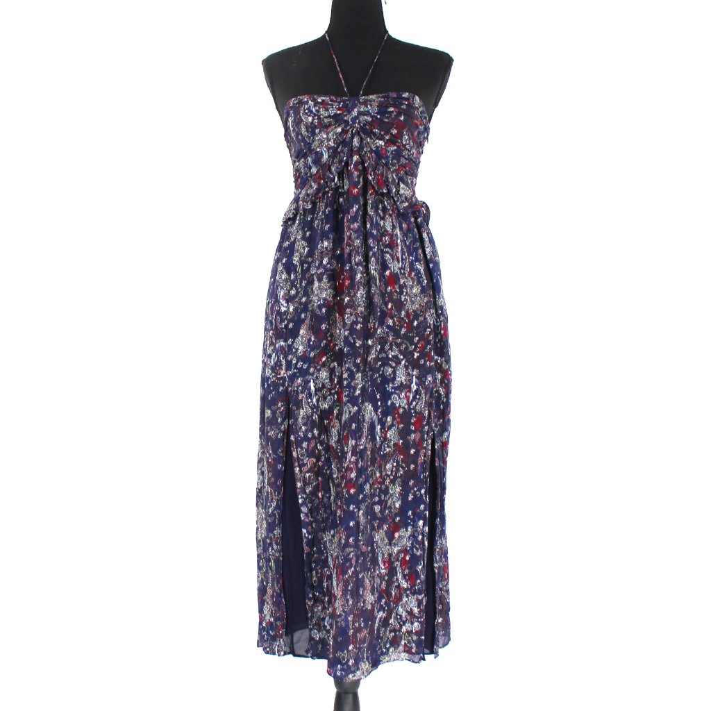 Iro Samov Navy Paisley Silver Metallic Halter Dress 42 Front Panel Midi Large